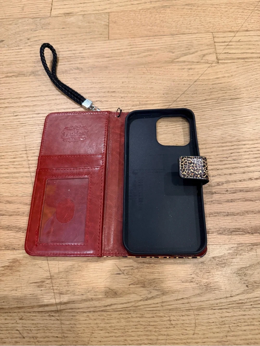 iPhone 15 pro max Leopard Print Phone Wallet Case with Wrist Strap - Brown